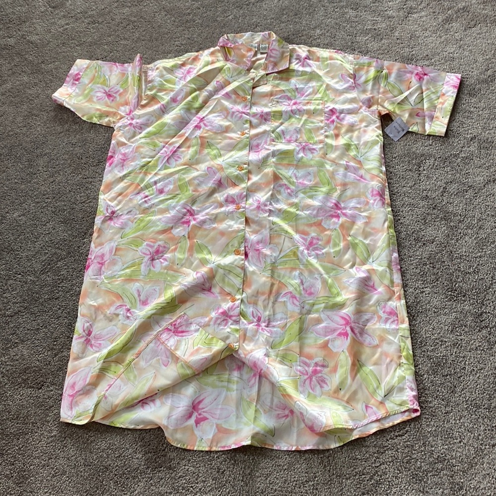 E.J.C Floral Satin Button Up Midi Night Shirt Lightweight Lounge Casual SIZE OS